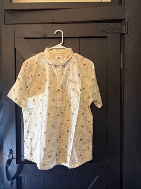 Quiksilver Cream Short-Sleeve Button-Down with Red Floral Print